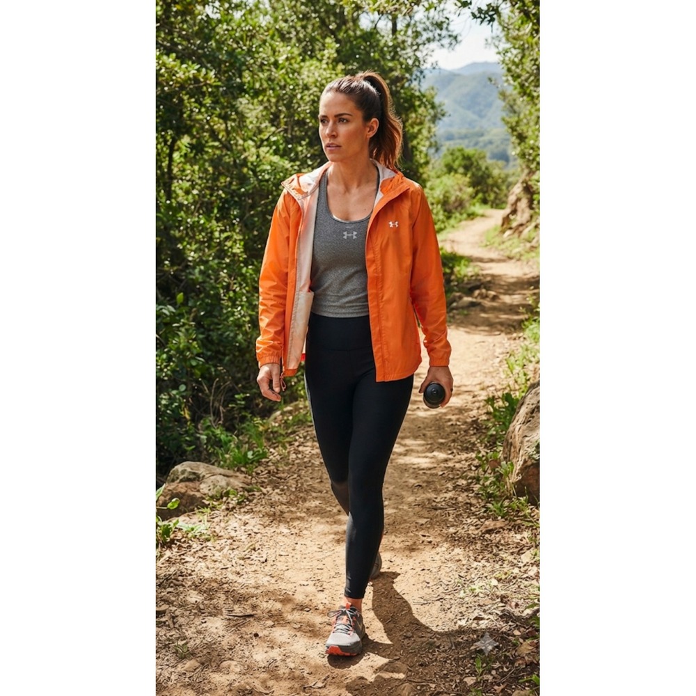 Under Armour Storm Women Large Orange Full Zip Hooded Windbreaker Jacket Loose